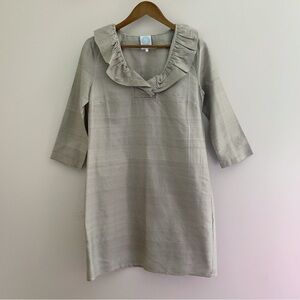 Devon Baer Striped Ruffle Collar Silk Twill Dress Small Coastal Preppy